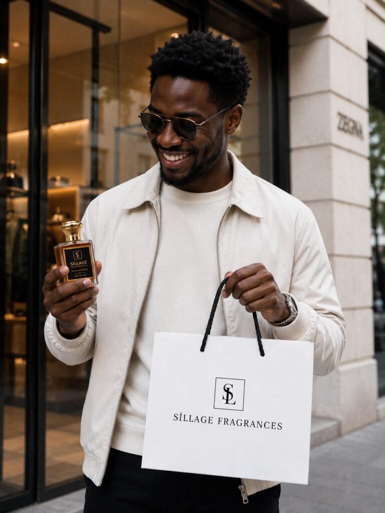 Síllage Fragrances – Kunde mit Einkaufstasche und Herrenduft-Flakon der Manufaktur